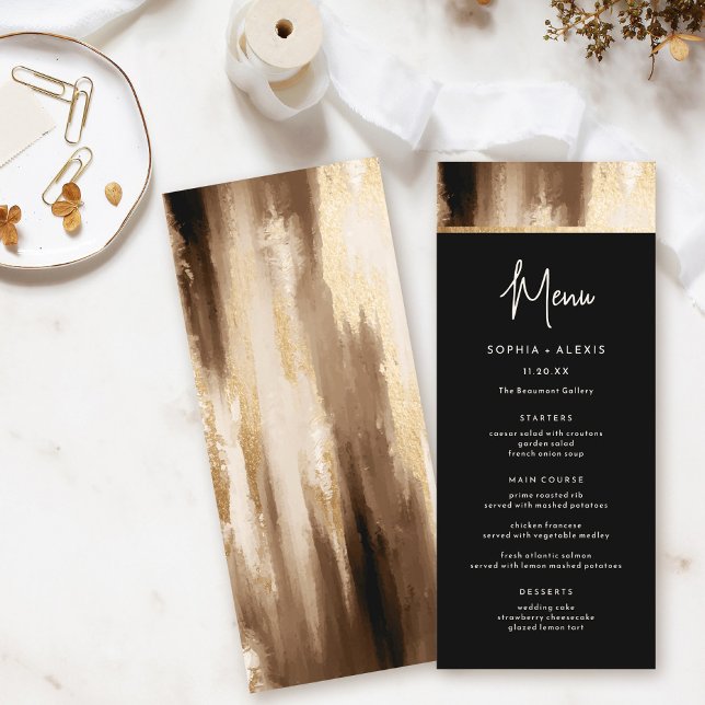 Black & Gold Dark Abstract Watercolor Wedding Menu (Creator Uploaded)