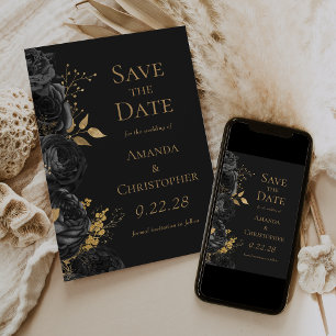 Black Gold Dark Floral Save the Date Announcement