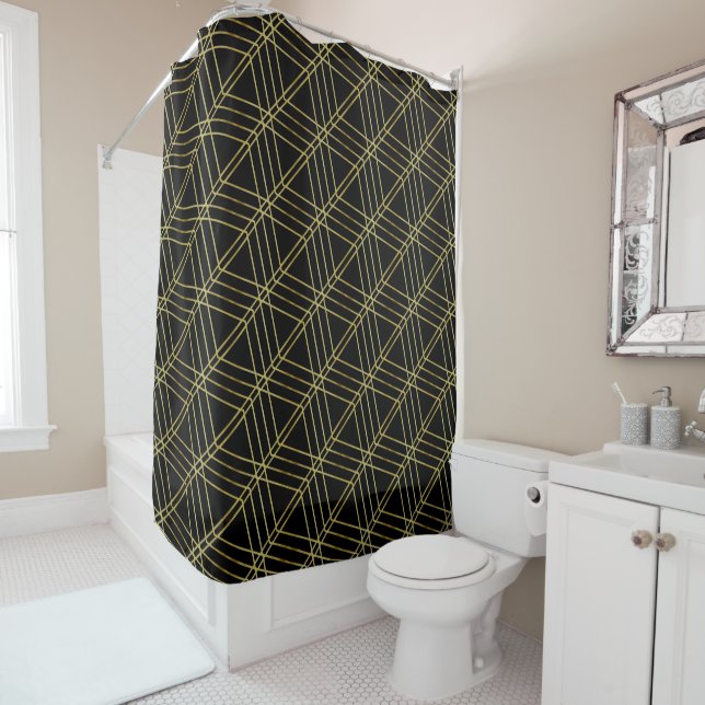 Black Gold Deco Abstract Geometric Pattern Luxury  Shower Curtain (In Situ)