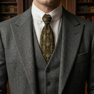 Black Gold Deco Sunburst Fan Tie
