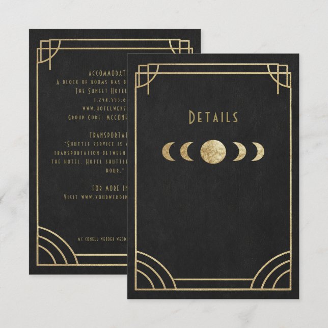Black & gold deco wedding details card (Front/Back)