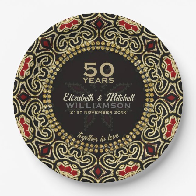 Black+Gold Decor Modern Damask 50th Anniversary Paper Plate (Front)