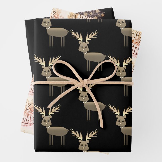 Black  Gold Deer Christmas Trees Wrapping Paper Sheet (In situ)