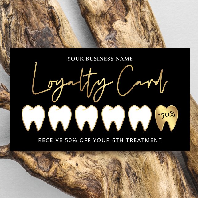 Black & Gold Dentist Logo Lux Modern Orthodontist Loyalty Card (Luxurious black and gold dental customer loyalty cards with gold foil effect)
