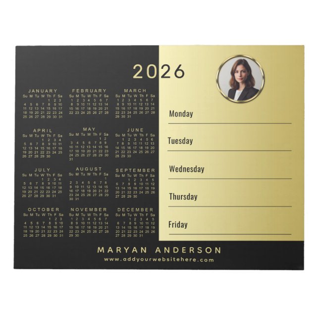 Black & gold design, Logo or Photo, calendar Notepad (Front)