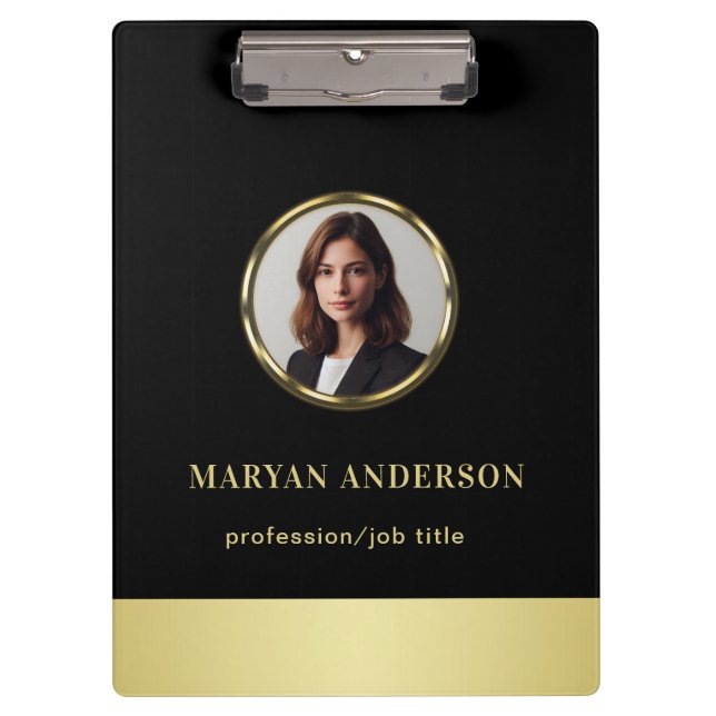 Black & gold design, Logo or Photo in gold circle, Clipboard (Front)