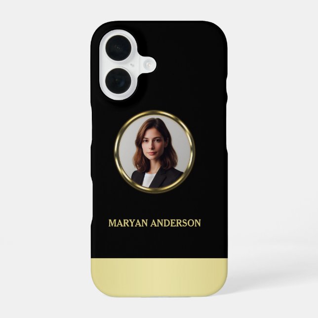 Black & gold design, Logo or Photo in gold circle, iPhone 16 Case (Back)