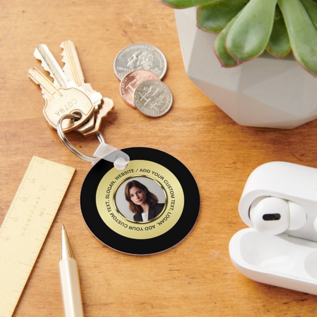 Black & gold design, Logo or Photo in gold circle, Key Ring (Desk)
