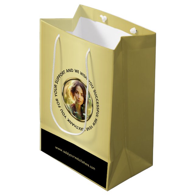 Black & gold design, Logo or Photo in gold circle, Medium Gift Bag (Front Angled)