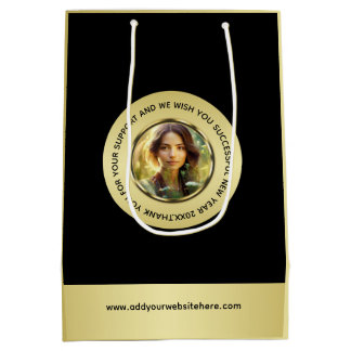 Black & gold design, Logo or Photo in gold circle, Medium Gift Bag