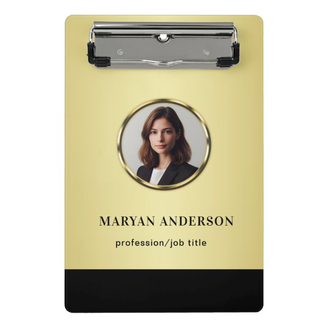 Black & gold design, Logo or Photo in gold circle, Mini Clipboard (Front)