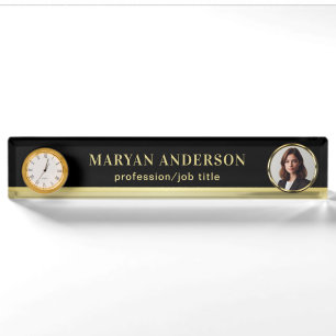 Black & gold design, Logo or Photo in gold circle, Nameplate