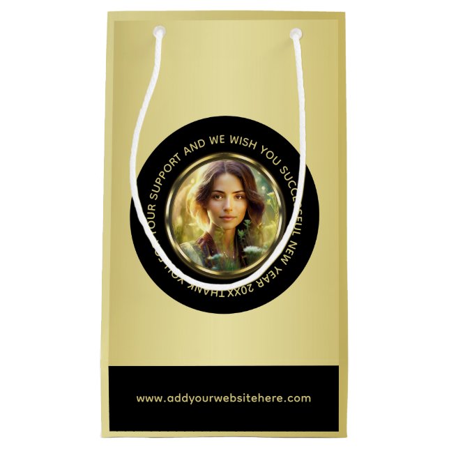 Black & gold design, Logo or Photo in gold circle, Small Gift Bag (Front)