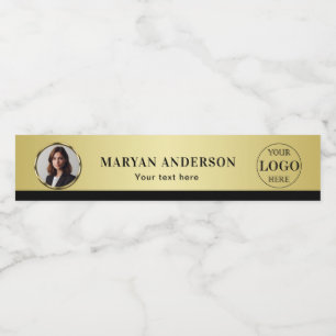 Black & gold design, Logo or Photo in gold circle, Water Bottle Label