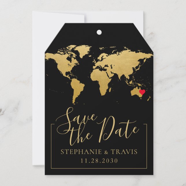 Black Gold Destination Wedding Save the Date Tag (Front)