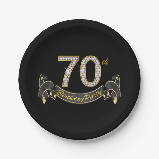Black Gold Diamond 70th Birthday Party Paper Plate (Front)