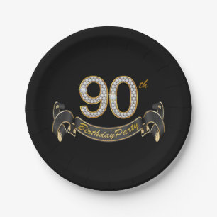 Black Gold Diamond 90th Birthday Party Paper Plate