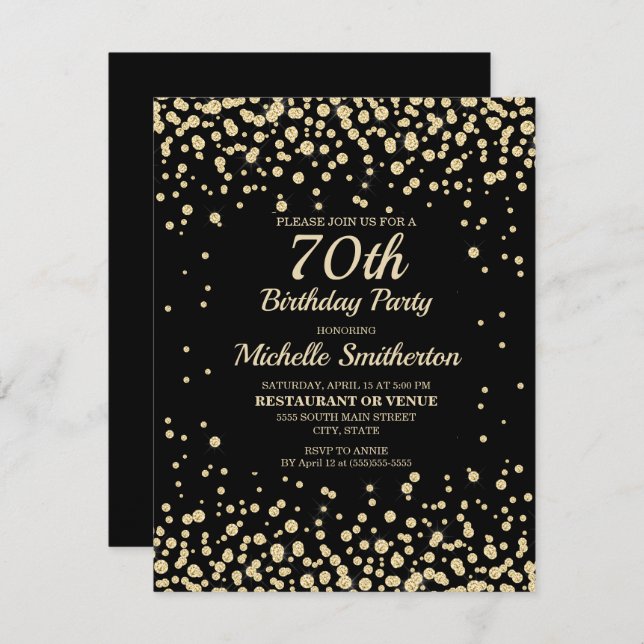 Black Gold Diamond Glitter Women's 70th Birthday Card (Front/Back)