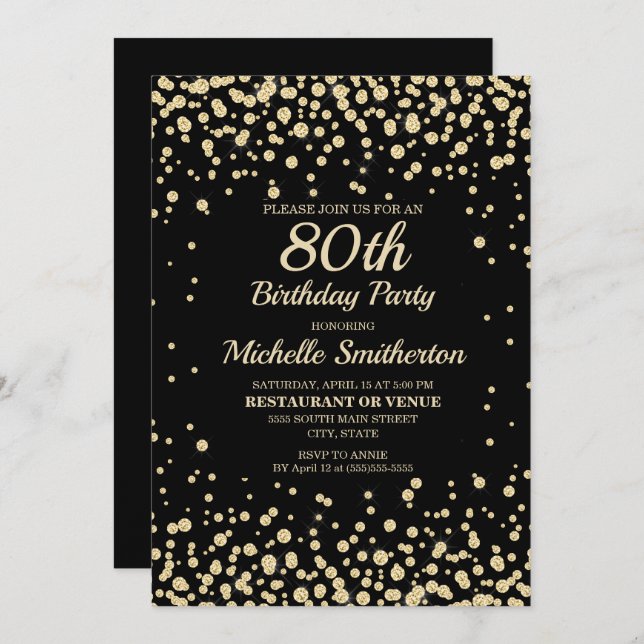 Black Gold Diamond Glitter Women's 80th Birthday Card (Front/Back)