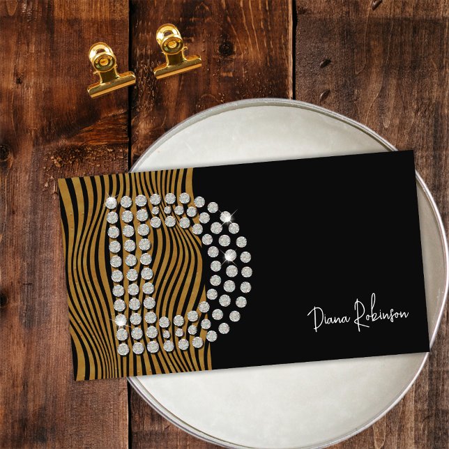 Black Gold Diamond Initial D Social Media Monogram Business Card (Front)