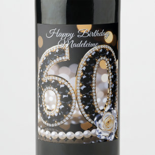 Black Gold Diamond Pearls White Rose 60th Birthday Wine Label
