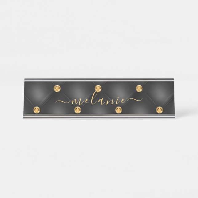 Black Gold Diamond Tufted Custom Desk Name Plate (Front)