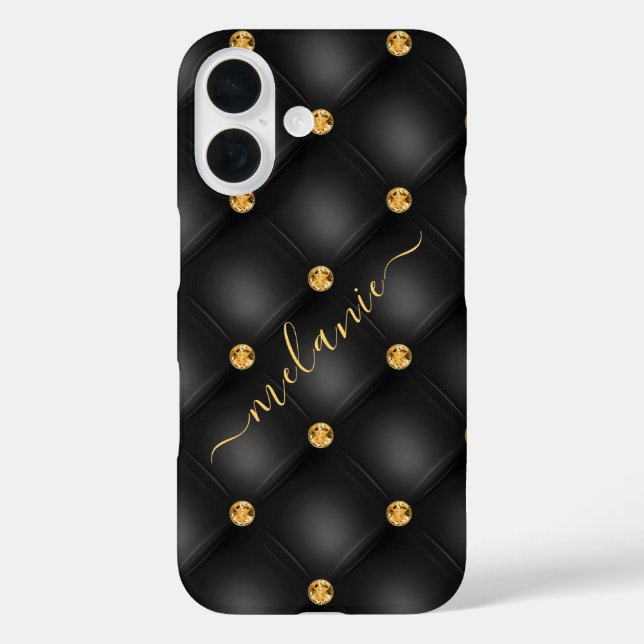 Black Gold Diamond Tufted Custom Name iPhone Case (Back)