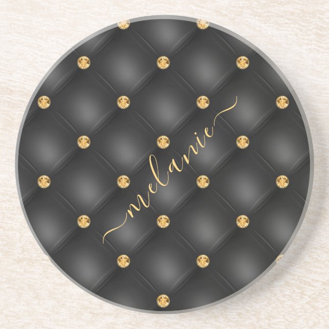 Black Gold Diamond Tufted Your Name Coaster (Front)
