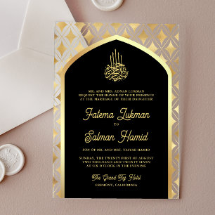 Black Gold Diamonds Arch Muslim Wedding Acrylic Invitations