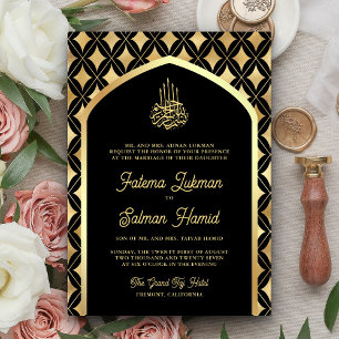 Black Gold Diamonds Arch Muslim Wedding Invitation