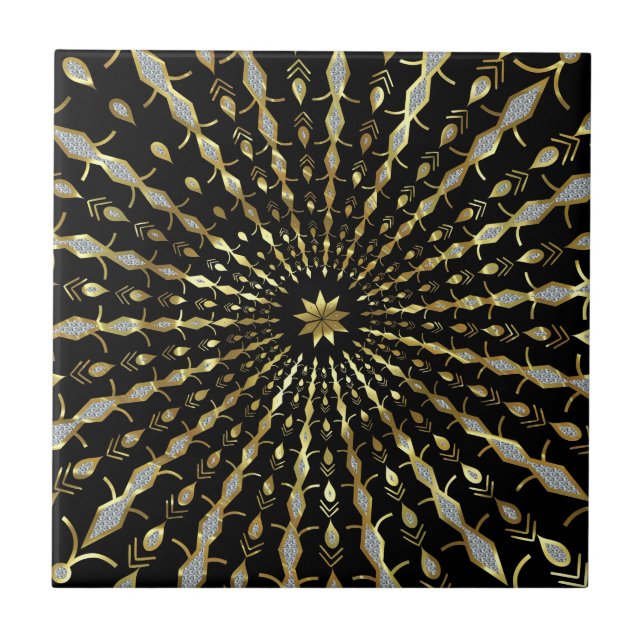 Black Gold & Diamonds Glitter Star Burst Tile (Front)