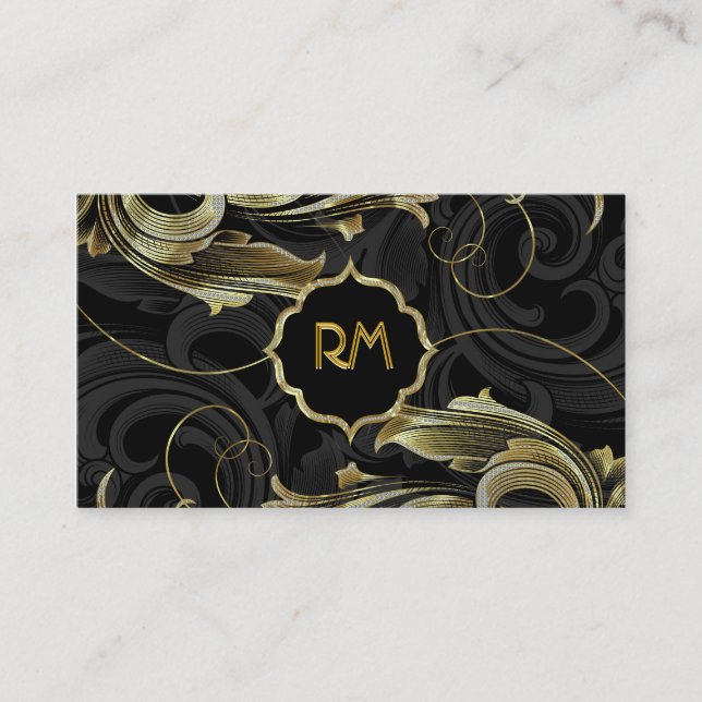 Black Gold & Diamonds Pattern-Elegant Floral Swirl Business Card (Front)