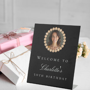 Black gold diamonds photo birthday party welcome pedestal sign