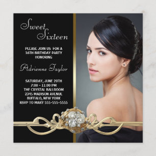Black Gold Diamonds Photo Sweet Sixteen Birthday Invitation