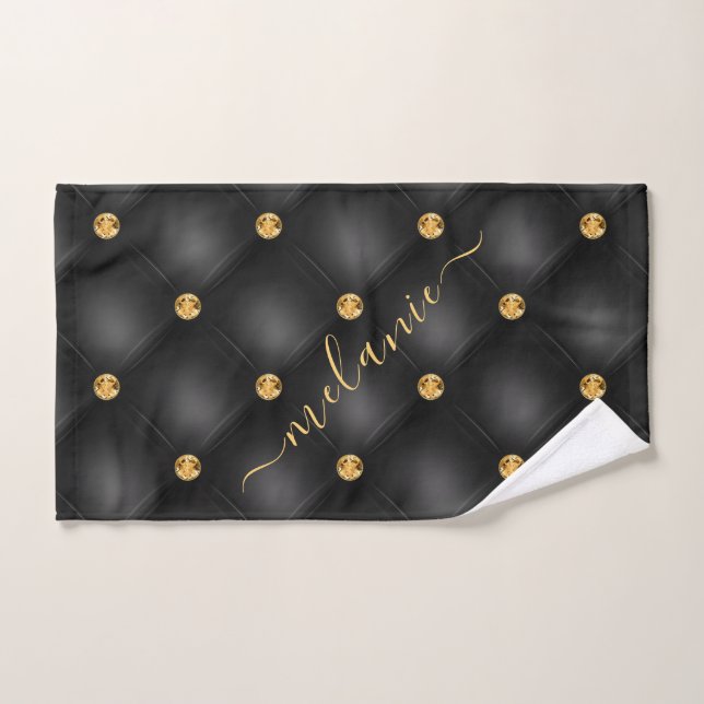 Black Gold Diamonds Tufted Bath Towels Custom Name (Hand Towel)