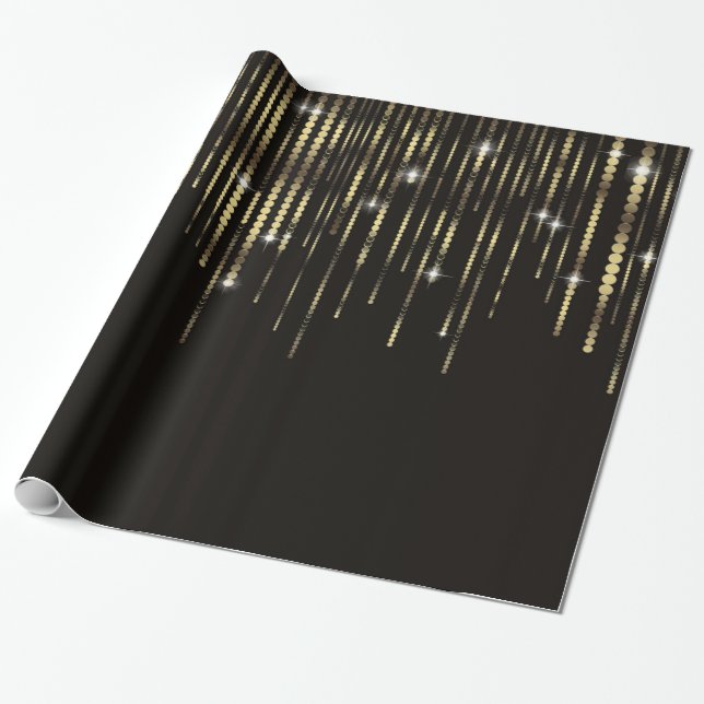 Black Gold Disc Strands Elegant Sparkle gift wrap (Unrolled)