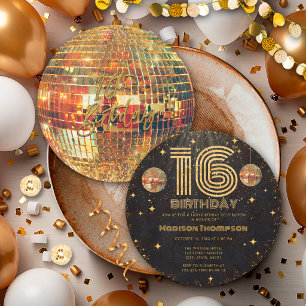 Black Gold Disco Ball Golden Birthday 16th Party  Invitation