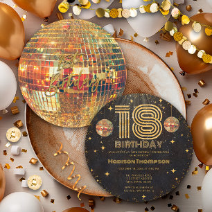 Black Gold Disco Ball Golden Birthday 18th Party  Invitation