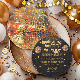 Black Gold Disco Ball Golden Birthday 70th Party  Invitation