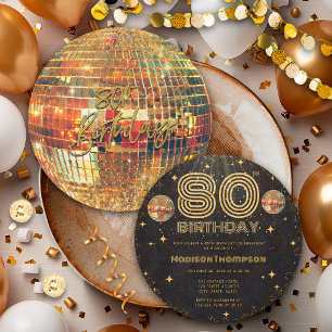 Black Gold Disco Ball Golden Birthday 80th Party  Invitation