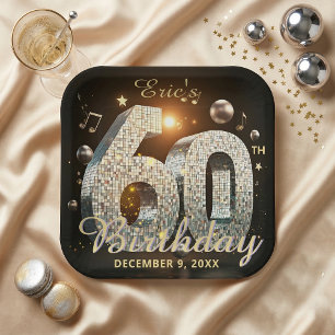 Black Gold Disco Ball Music Notes 60th Birthday Paper Plate