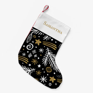 Black gold doodle pine with name festive small christmas stocking