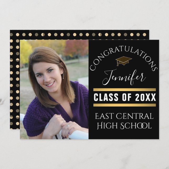 Black Gold Dot Senior Photo High School Graduation Invitation (Front/Back)