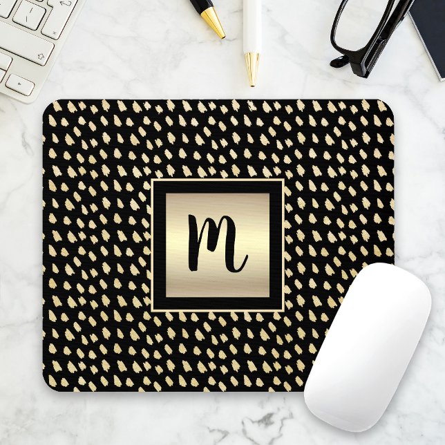 Black gold dots modern bold monogram script luxury mouse pad (Creator Uploaded)
