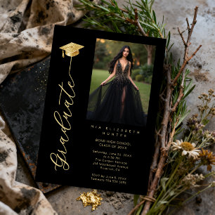 Black & Gold Dramatic Grad Cap Photo & Calligraphy Invitation