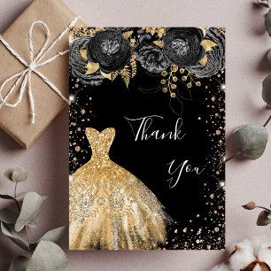 Black gold dress floral glamourous birthday  thank you card