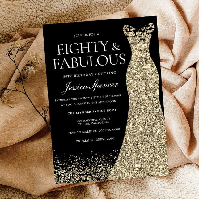 Black Gold Dress Seventy & Fabulous 80th Birthday Invitation (Creator Uploaded)