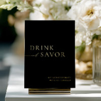 Black & Gold Drink & Savour Wedding Bar Sign
