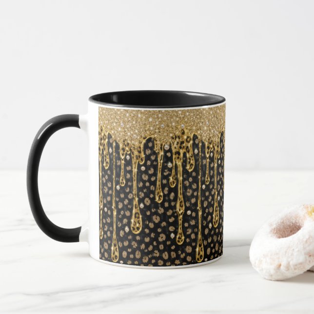 Black Gold Dripping Glitter Glam Bling Lux Mug (With Donut)