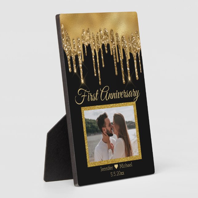  black gold dripping glitters first anniversary  plaque (Side)